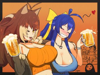 Rule 34 | !?, 2boys, 3girls, alcohol, animal ears, arakune, arc system works, arm around shoulder, beer, beer mug, blazblue, blue hair, blush, breasts, brown hair, cleavage, closed eyes, drunk, hair ribbon, highres, iron tager, jacket, kokonoe (blazblue), large breasts, long hair, mai natsume, makoto nanaya, midriff, mug, multiple boys, multiple girls, navel, one eye closed, open clothes, open jacket, open mouth, ponytail, ribbon, smile, squirrel ears, squirrel tail, tail, tank top, wink, yellow eyes