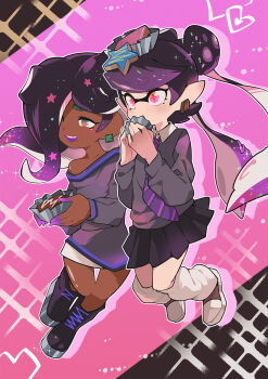 Rule 34 | 2girls, black hair, black shoes, black skirt, bow-shaped hair, callie (splatoon), cephalopod eyes, collared shirt, colored extremities, colored tongue, commentary, cross-shaped pupils, dark-skinned female, dark skin, earrings, english commentary, food, food on head, full body, gomipomi, gradient hair, green eyes, grey sweater, hair over one eye, highres, holding, holding food, horizontal pupils, inkling, jewelry, long hair, long sleeves, marina (splatoon), mole, mole under eye, mole under mouth, multicolored hair, multiple girls, necktie, nintendo, object on head, octoling, off-shoulder sweater, off shoulder, one eye covered, open mouth, parted bangs, pink eyes, pink hair, pink pupils, pleated skirt, pointy ears, purple necktie, purple tongue, red shoes, school uniform, shirt, shoes, skirt, smile, sneakers, socks, splatoon (series), sweater, symbol-shaped pupils, tentacle hair, twintails, white shirt, white skirt, white socks