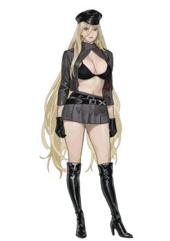 1girl belt belt_buckle bikini bikini_top_only bishamonten_(noragami) black_bikini black_boots black_gloves black_hat blonde_hair boots breasts buckle cleavage closed_mouth commentary contrapposto cropped_jacket full_body gloves grey_jacket grey_skirt h4sh1rnoto hair_between_eyes hair_over_shoulder hat high_heel_boots high_heels highres jacket large_breasts long_hair long_sleeves looking_at_viewer microskirt navel noragami open_clothes open_jacket pink_lips pleated_skirt purple_eyes skirt solo standing swimsuit thigh_boots very_long_hair white_background