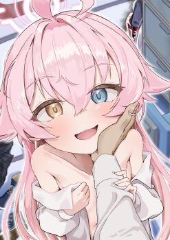 1boy 1girl blue_archive blue_eyes blush brown_eyes crossed_bangs fang flat_chest from_above hair_between_eyes halo hand_on_another's_cheek hand_on_another's_face heterochromia hoshino_(blue_archive) long_hair naked_shirt navel off-shoulder_shirt off_shoulder open_clothes open_mouth open_shirt pink_hair pov shirt smile tomoko908_(nap4342) white_shirt yellow_eyes