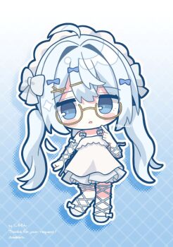 Rule 34 | 1girl, ahoge, ankle lace-up, bare shoulders, blue background, blue bow, blue eyes, blue hair, blush stickers, bow, chibi, chibi only, commentary, commission, double-parted bangs, dress, drop shadow, frilled dress, frills, full body, glasses, gradient background, hair between eyes, hair bow, hair intakes, hand up, hashtag-only commentary, highres, long hair, looking at viewer, maid headdress, nakkar, open mouth, semi-rimless eyewear, shoes, skeb commission, sleeveless, sleeveless dress, solo, standing, twintails, under-rim eyewear, very long hair, vrchat, white background, white dress, white shoes, yellow-framed eyewear