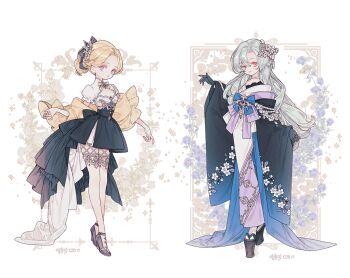 Rule 34 | 2girls, artist name, asymmetrical bangs, black dress, blonde hair, blue eyes, border, bow, bowtie, commentary, dress, embroidery, eyeliner, fashion, floral background, floral print, frills, full body, green hair, hair ornament, high heels, japanese clothes, jewelry, kimono, layered kimono, lemon89h, long hair, makeup, mole, mole under mouth, multiple girls, necklace, original, parted bangs, pearl necklace, pink eyeliner, platform sandals, ponytail, red eyes, rococo movement, sandals, shawl, string of pearls, thighhighs, two-tone background, two-tone dress, very long hair, wavy hair, white dress