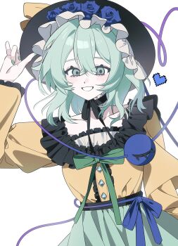 1girl absurdres black_hat black_ribbon blue_flower blue_ribbon blue_rose buttons diamond_button eyeball flower frilled_hat frilled_shirt_collar frilled_sleeves frills green_eyes green_hair green_nails green_ribbon green_skirt hat hat_ribbon heart heart_of_string highres kiliko-san komeiji_koishi puffy_short_sleeves puffy_sleeves ribbon rose shirt short_sleeves skirt smile third_eye touhou white_background wide_sleeves yellow_ribbon yellow_shirt