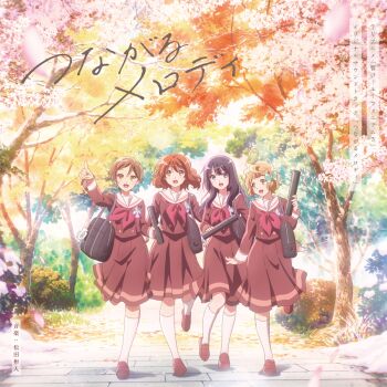Rule 34 | 4girls, album cover, artist request, black hair, blonde hair, blush, bow, brown eyes, brown footwear, brown hair, brown shirt, brown skirt, cherry blossoms, cover, curly hair, diploma, flower, green eyes, hair bow, hibike! euphonium, holding, holding diploma, katou hazuki, kawashima sapphire, kitauji high school uniform, kneehighs, kousaka reina, loafers, long hair, long sleeves, looking at viewer, multiple girls, neckerchief, official art, open mouth, oumae kumiko, outdoors, pleated skirt, purple eyes, red neckerchief, sailor collar, school uniform, serafuku, shirt, shoes, short hair, skirt, smile, socks, standing, standing on one leg, tree, white sailor collar, white socks