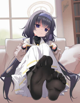 1girl black_pantyhose blue_archive blue_hairband book bookshelf brown_jacket closed_mouth colored_inner_hair commentary_request couch crossed_bangs dress eyelashes feet foot_focus foreshortening full_body gold_necklace hairband hands_up highres indoors jacket jewelry knees_up long_hair long_sleeves looking_at_viewer multicolored_hair necklace no_shoes on_couch open_book pantyhose pleated_dress purple_eyes purple_hair sailor_collar sidelocks sitting soles solo spread_legs toes ui_(blue_archive) undershirt very_long_hair white_dress white_sailor_collar window yabu_q