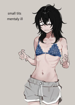 1girl absurdres bags_under_eyes bikini bikini_top_only black_hair collarbone cropped_legs dingotoad emaciated english_text flat_chest girn grey_background grey_shorts highres medium_hair messy_hair midriff original ribs shorts simple_background standing swimsuit