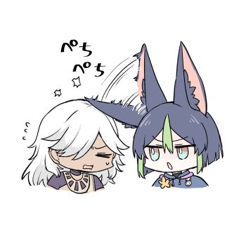 >_< 2boys :o afterimage animal_ear_fluff animal_ears black_choker black_hair black_shirt blunt_ends brown_eyes chibi choker closed_eyes crop_top cropped_shoulders cyno_(genshin_impact) dark-skinned_male dark_skin drawstring flower flying_sweatdrops fox_ears genshin_impact green_eyes green_hair hair_between_eyes hair_over_one_eye highres himeko_(nico6v6pachi) hitting hood hood_down hoodie long_hair looking_at_another male_focus motion_lines multicolored_eyes multicolored_hair multiple_boys one_eye_covered open_mouth parted_bangs prehensile_ears shirt short_hair short_sleeves simple_background streaked_hair sweatdrop swept_bangs tighnari_(genshin_impact) turtleneck upper_body usekh_collar v-shaped_eyebrows white_background white_hair yellow_flower