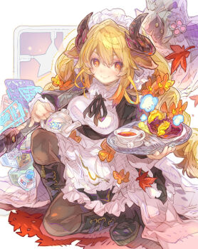 Rule 34 | 1girl, animal ears, apron, axe, black boots, black dress, black ribbon, blonde hair, boots, breasts, brown eyes, brown pantyhose, closed mouth, commentary request, commission, copyright request, cup, dress, flower-shaped pupils, food, fork, frilled apron, frilled dress, frills, hair between eyes, haku (sabosoda), highres, holding, holding axe, holding tray, horns, knife, looking at viewer, maid, maid headdress, medium breasts, neck ribbon, on one knee, pantyhose, ribbon, saucer, skeb commission, smile, solo, symbol-shaped pupils, teacup, tray, virtual youtuber, white apron