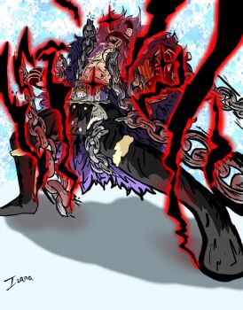 1boy abs artist_request bandages bandages_over_eyes braid chain clenched_hands facial_hair full_body haki helmet highres lightning loki_(one_piece) long_hair one_piece open_mouth pectorals purple_hair smile solo