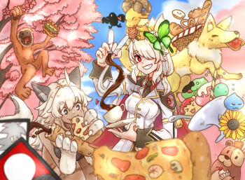 2girls :3 ahoge animal_ears baguette baphomet_jr basket belt bird black_belt black_necktie blazer blue_sky bread bread_slice breasts bug burger butterfly cape cat_ears cat_girl cherry_blossoms cloud coffee collared_shirt commentary cup dark-skinned_female dark_skin decantering donut drops_(ragnarok_online) eating eleanor_(ragnarok_online) english_commentary fang flower food food_in_mouth fox genetic_(ragnarok_online) green_butterfly grin hair_over_one_eye holding holding_burger holding_food ice_cream insect jacket kitsune long_hair looking_at_viewer marin_(ragnarok_online) medium_breasts milk monkey mouth_hold multiple_girls necktie nine_tail_(ragnarok_online) official_alternate_costume open_mouth pizza pizza_slice poporing poring pretzel ragnarok_online red_cape red_eyes red_shirt riku_hamano saucer shirt sky slime_(creature) smile stuffed_animal stuffed_toy sunflower teacup teddy_bear teddy_bear_(ragnarok_online) toast toast_in_mouth tree upper_body vial wafer_stick white_hair white_jacket