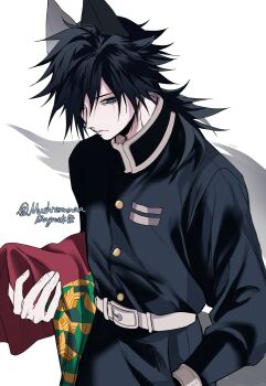 1boy animal_ears belt black_hair black_jacket black_pants blue_eyes buttons closed_mouth commentary demon_slayer_uniform gold_buttons hand_in_pocket haori high_collar highres jacket japanese_clothes kikkoumon kimetsu_no_yaiba long_hair low_ponytail male_focus mushroomuaa pants ponytail print_haori red_haori simple_background solo spiked_hair symbol-only_commentary tail tomioka_giyuu twitter_username white_background white_belt