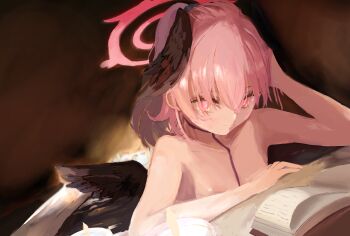Rule 34 | 1girl, arm on table, black wings, blue archive, book, candle, commentary request, elbow on table, feathered wings, hair between eyes, halo, hand on own head, hand on table, head wings, highres, hira15623, indoors, koharu (blue archive), low wings, nude, pink eyes, pink hair, portrait, solo, wings