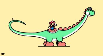 1boy :t alternate_size black_eyes blue_overalls boots brown_boots brown_hair brown_shoes chibi closed_mouth commentary dinosaur english_commentary facial_hair from_side gloves hat highres james_turner long_sleeves male_focus mario mario_(series) motion_lines mustache nintendo overalls red_hat red_shirt riding riding_dinosaur shirt shoes short_hair signature simple_background smile white_gloves yellow_background yoshi