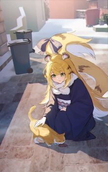 1girl absurdres animal animal_ears blonde_hair bow cat commentary day film_grain full_body green_eyes highres japanese_clothes ju_fufu kimono long_sleeves looking_at_animal nasol orange_cat outdoors parted_bangs petting purple_bow purple_kimono shadow solo squatting tail tail_bow tail_ornament tiger_ears tiger_girl tiger_tail trash_can wide_sleeves zenless_zone_zero