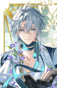 Rule 34 | 1boy, antenna hair, black gloves, blue eyes, flower, gloves, green ribbon, hair between eyes, honkai: star rail, honkai (series), male focus, neck ribbon, neck tattoo, phainon (honkai: star rail), plant, purple flower, ribbon, rin (chenirin2), shirt, short hair, sun symbol, sun tattoo, tan, tattoo, vines, watermark, white hair