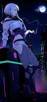 1girl absurdres artificial_eye asymmetrical_hair bare_shoulders black_leotard blunt_bangs breasts cigarette cropped_jacket cropped_legs cyberpunk cyberpunk_(series) cyberpunk:_edgerunners cyborg eyeliner girugiru_(tektonics6588) heattech_leotard highres jacket leotard lucy_(cyberpunk) makeup medium_breasts mohawk monowire moon multicolored_eyes multicolored_hair off-shoulder_jacket off_shoulder on_moon pink_tattoo red_eyeliner red_lips samurai_jacket_(cyberpunk) shorts sleeveless_turtleneck_leotard solo string_in_mouth turtleneck white_background white_jacket white_shorts