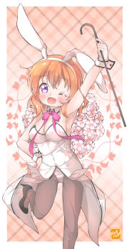 1girl animal_ears bare_shoulders blush brown_hair cane commentary_request gochuumon_wa_usagi_desu_ka? high_heels highres holding holding_cane hoto_cocoa one_eye_closed open_mouth pantyhose playboy_bunny purple_eyes rabbit_ears takecho