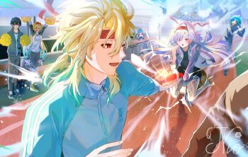 Rule 34 | > <, 2boys, 4girls, arms up, blonde hair, character request, commentary request, grey hair, hairband, headband, holding relay baton, i.r.i.s. (wuthering waves), jacket, long hair, luuk herssen (wuthering waves), lynae (wuthering waves), male rover (wuthering waves), mornye (wuthering waves), multicolored hair, multiple boys, multiple girls, om rm1101, open mouth, pom pom (cheerleading), red eyes, red hairband, red headband, relay baton, relay race, rover (wuthering waves), see-through body, signature, smile, streaked hair, track jacket, track suit, wuthering waves