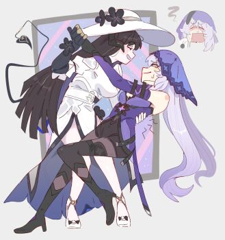 2girls :d black_boots black_flower black_gloves black_hair black_swan_(honkai:_star_rail) boots breasts commentary constance_(honkai:_star_rail) dancing dress english_commentary flower gloves grey_background hat hat_flower high_heel_boots high_heels holding_hands honkai:_star_rail honkai_(series) horns large_breasts long_hair looking_at_another multiple_girls open_mouth purple_hair smile thigh_boots unfamousradish veil very_long_hair white_dress white_hat yuri
