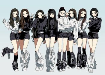 6+girls :3 absurdres black_hair black_jacket black_shorts brown_hair crossed_arms grey_background group_picture highres jacket k-pop leg_warmers long_hair long_sleeves looking_at_viewer multiple_girls parted_bangs real_life short_hair shorts standing standing_on_one_leg v v_over_eye white_jacket yang_gallae