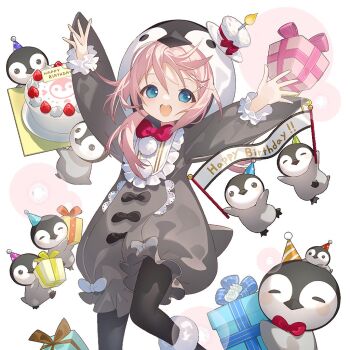 1girl adelina_blue animal_costume aqua_eyes bird birthday_cake black_pantyhose boots bow bowtie box cake food fur_boots gift gift_box long_hair low_twintails pantyhose penguin penguin_costume pink_hair sidelocks twintails uchi_no_hime-sama_ga_ichiban_kawaii yamiya_(8_18dlq)