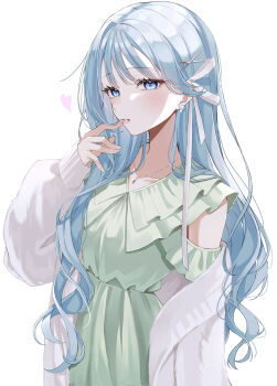 1girl absurdres blue_eyes blue_hair collarbone commentary curly_hair dress earrings finger_to_mouth green_dress hair_intakes hair_ornament hair_ribbon hairclip hand_in_own_hair hand_to_own_mouth heart highres hinomori_shizuku jewelry long_hair long_sleeves mole mole_under_mouth necklace official_alternate_costume official_alternate_hairstyle open_mouth parted_lips pearl_earrings project_sekai ribbon simple_background single_off_shoulder solo spoken_heart sweater swept_bangs upper_body wanderlands_k white_background white_ribbon white_sweater x_hair_ornament zozotown