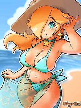 1girl beach bikini blonde_hair blue_bikini blue_eyes blue_nails breasts collarbone cowboy_shot day earrings hair_over_one_eye hat jewelry large_breasts long_hair looking_at_viewer mario_(series) navel nintendo nyazuli ocean rosalina sand sarong solo standing star_(symbol) star_earrings sun_hat swimsuit wide_hips