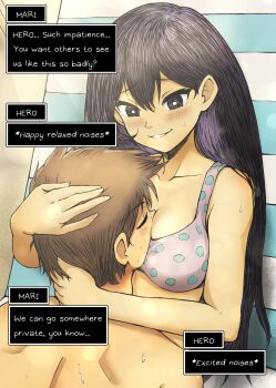 1boy 1girl :d absurdres bare_arms bare_shoulders beach beach_mat between_breasts bikini black_eyes black_hair blue_bikini blush breasts bright_pupils brown_hair character_name cleavage closed_eyes collarbone commentary day dialogue_box double-parted_bangs english_commentary english_text fingernails grin hair_behind_ear hair_between_eyes hair_spread_out hand_on_another's_head hand_on_another's_neck hatching_(texture) head_between_breasts heart hero_(faraway)_(omori) hero_(omori) hetero highres long_hair looking_at_another lying mari_(faraway)_(omori) mari_(omori) medium_breasts multicolored_bikini multicolored_hair official_alternate_costume omori on_back open_mouth outdoors paid_reward_available pink_bikini polka_dot polka_dot_bikini purple_hair raised_inner_eyebrows sand scene_reference short_hair simple_background smile straight_hair summer sweat swimsuit tsurime two-tone_bikini two-tone_hair u_u upper_body vegasvat1 very_long_hair very_short_hair white_pupils