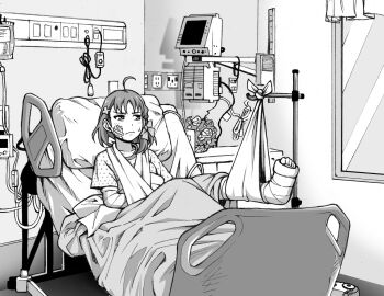 1girl ahoge annoyed arm_sling bandage_on_face bandaged_arm bandaged_leg bandages bed blanket braid broken_arm broken_leg cast commentary_request flower_basket greyscale hair_ornament hair_ribbon hairclip highres hospital hospital_gown looking_to_the_side love_live! love_live!_sunshine!! medium_hair monochrome on_bed polka_dot ribbon single_braid solo suzushiro_(suzushiro333) sweatdrop takami_chika window