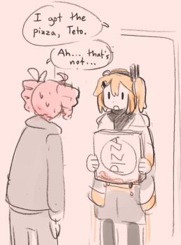 2girls a.i._voice adachi_rei black_shirt coat dalasquil drill_hair food gloves jacket kasane_teto multiple_girls open_clothes open_jacket orange_hair pizza pizza_box red_hair shirt twin_drills utau white_coat white_gloves you're_doing_it_wrong