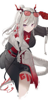 1girl absurdres arknights breasts cleavage cleavage_cutout closed_mouth clothing_cutout colored_extremities commentary cropped_legs dragon_girl dragon_horns dragon_tail grey_hair highres horns korean_commentary long_hair looking_at_viewer medium_breasts nero_(nero_nyam) nian_(arknights) nian_(thunderbolt_director)_(arknights) official_alternate_costume over-rim_eyewear purple_eyes red-tinted_eyewear removing_eyewear semi-rimless_eyewear simple_background smile solo standing tail tinted_eyewear white_background