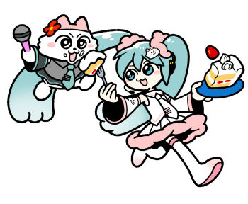 alternate_costume animal_hair_ornament aqua_eyes aqua_hair aqua_necktie aqua_trim black_eyes black_skirt black_sleeves blush_stickers boots cake cake_slice cat character_hair_ornament collared_shirt commentary_request cosplay detached_sleeves double-parted_bangs flat_color flower food fork gradient_boots grey_shirt hair_between_eyes hair_ornament hat hat_flower hatsune_miku hatsune_miku_(cosplay) headphones headset holding holding_fork holding_microphone holding_plate icing icing_on_face long_hair long_sleeves microphone miniskirt necktie nmeneko nmeneko_(character) no_nose official_art open_mouth pink_hat pink_scrunchie pink_trim plate pleated_skirt puffy-trimmed_skirt red_flower running scrunchie sharing sharing_food shirimoto shirt simple_background skirt sleeveless sleeveless_shirt thick_lineart tie_clip twintails very_long_hair vocaloid white_background white_boots white_cat white_fur white_necktie white_shirt white_skirt white_sleeves wing_collar