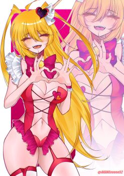 1girl adapted_costume akaneeeeee52 artist_name blonde_hair bow bowtie breasts cameltoe cleavage closed_eyes commentary don_quixote_(project_moon) dot_nose e.g.o_(project_moon) english_commentary garter_straps heart heart_hands highres in_the_name_of_love_and_hate_(e.g.o) large_breasts limbus_company lobotomy_corporation_(identity)_(project_moon) long_hair magical_girl navel open_mouth pink_bow pink_bowtie project_moon revealing_clothes skindentation smile solo standing teeth twitter_username two_side_up very_long_hair zoom_layer