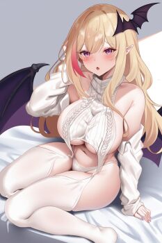 1girl absurdres bare_shoulders blonde_hair blush breasts demon_girl demon_wings detached_sleeves highres kou_mariya large_breasts long_hair looking_at_viewer navel open_mouth panties pointy_ears purple_eyes raiou sideboob sitting solo thighhighs turtleneck underwear v4mirai virgin_destroyer_sweater white_panties white_thighhighs wings
