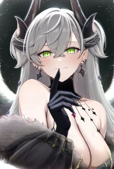 1girl babydoll bare_shoulders black_babydoll black_hands blush body_markings breasts cleavage closed_mouth colored_extremities commentary_request crossed_bangs demon_girl demon_horns detached_collar earrings fate/grand_order fate_(series) feathered_wings fur_trim green_eyes grey_hair hair_between_eyes highres horns index_finger_raised jewelry lace_trim large_breasts lilith_(fate) lilith_(third_ascension)_(fate) long_hair long_sleeves looking_at_viewer particle_sfs pointy_ears puffy_long_sleeves puffy_sleeves smile solo very_long_hair wings