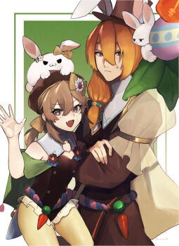 1boy 1girl :d animal_ears bare_shoulders breasts brown_eyes brown_hair brown_hat brown_leotard carrot crossed_arms delthea_(fire_emblem) delthea_(spring)_(fire_emblem) egg fake_animal_ears fang fingernails fire_emblem fire_emblem_echoes:_shadows_of_valentia fire_emblem_heroes frown green_background hair_between_eyes hat hat_with_ears highres leotard luthier_(fire_emblem) luthier_(spring)_(fire_emblem) nintendo official_alternate_costume open_mouth orange_hair pantyhose polka_dot rabbit rabbit_ears seinikuten signature simple_background skin_fang small_breasts smile sweatdrop yellow_pantyhose