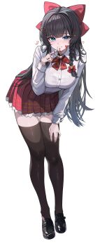 1girl absurdres black_hair black_shoes black_thighhighs blue_eyes blunt_bangs bow bowtie braid breasts chocolate commentary diagonal-striped_bow diagonal-striped_bowtie diagonal-striped_clothes english_commentary finger_to_mouth hair_bow hair_intakes hair_ornament hand_on_own_thigh heart heart_hair_ornament highres kkato large_bow large_breasts leaning_forward loafers long_hair long_sleeves looking_at_viewer miniskirt mouth_hold parted_lips plaid_clothes plaid_skirt red_bow red_bowtie red_skirt ribbed_shirt shirayuki_hina shirt shoes sidelocks simple_background skirt smile solo standing stellive striped_bow striped_bowtie striped_clothes thighhighs thighs very_long_hair virtual_youtuber white_background white_shirt