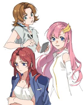 3girls blue_eyes breasts brown_hair flay_allster green_eyes gundam gundam_seed hair_ornament highres jacket jacket_on_shoulders lacus_clyne long_hair long_sleeves looking_at_viewer military military_uniform miriallia_haw multiple_girls nanao_parakeet open_mouth parted_bangs pink_hair purple_eyes red_hair shirt short_hair short_sleeves simple_background sleeveless smile swept_bangs upper_body very_long_hair white_background