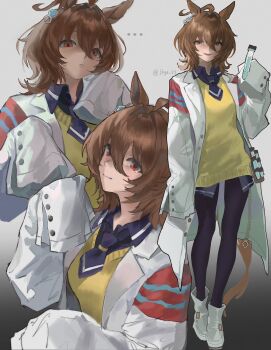 ... 1girl agnes_tachyon_(tach-nology)_(umamusume) agnes_tachyon_(umamusume) ahoge animal_ears black_necktie black_pantyhose blush breasts brown_hair closed_mouth coat commentary earrings english_commentary hair_between_eyes highres holding holding_test_tube horse_ears horse_girl horse_tail huge_ahoge jewelry jiye_p1 lab_coat long_sleeves looking_at_viewer medium_hair necktie pantyhose parted_lips red_eyes shirt short_necktie single_earring sleeves_past_fingers sleeves_past_wrists smile sweater tail test_tube umamusume white_coat wolf_cut yellow_sweater