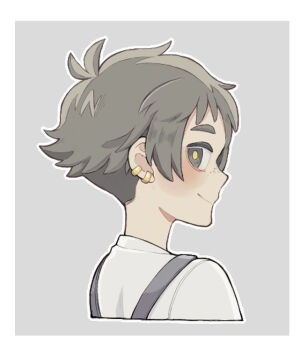 Rule 34 | blush, border, chiita k, closed mouth, commentary request, cropped shoulders, ear piercing, freckles, gender request, grey background, grey eyes, grey hair, original, outline, piercing, short hair, simple background, solo, undercut, very short hair, white border, white outline, yellow pupils
