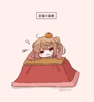 Rule 34 | 1girl, bloom2425, breasts, brown hair, commentary request, donut hair bun, double bun, food, food on head, fruit, fruit on head, hair bun, kantai collection, kotatsu, mandarin orange, medium breasts, michishio (kancolle), object on head, one-hour drawing challenge, sleeping, solo, table, translation request, twintails, upper body