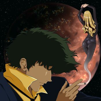 ass belt blonde_hair catsuit cigarette cowboy_bebop curly_hair green_hair julia_(cowboy_bebop) leather lucy_guusi smoking spike_spiegel