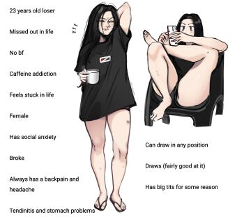 1girl anary arm_behind_head artist_self-insert black_hair black_shirt black_shorts cellphone chair commentary crossed_legs cup english_commentary english_text flip-flops highres holding holding_cup holding_phone long_hair one_eye_closed phone real_life sandals shirt short_shorts shorts sitting smartphone t-shirt women_on_twitter_(meme)