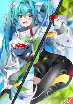 1girl aqua_eyes aqua_hair asymmetrical_legwear black_bodysuit black_gloves black_thighhighs bodysuit commentary_request covered_navel flag gloves goodsmile_company goodsmile_racing hair_between_eyes hair_ornament hatsune_miku highres holding holding_flag jacket jhmv3547 long_hair looking_at_viewer official_alternate_costume official_alternate_hairstyle open_mouth racing_miku racing_miku_(2022) single_thighhigh solo thighhighs twintails vocaloid white_jacket
