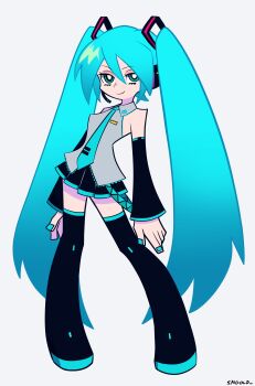 1girl absurdres aqua_eyes artist_name bare_shoulders black_boots black_skirt blue_hair blue_nails blue_necktie boots breasts closed_mouth detached_sleeves full_body grey_shirt hatsune_miku highres long_hair looking_at_viewer nail_polish necktie panty_&amp;_stocking_with_garterbelt_(style) shirt simple_background skirt sleeveless sleeveless_shirt smgold smile solo standing tie_clip twintails very_long_hair vocaloid white_background