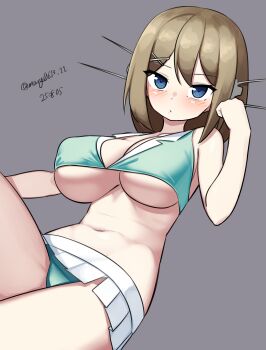 1girl absurdres blue_eyes breasts brown_hair cleavage dated green_panties grey_background hair_ornament headgear highres kantai_collection large_breasts maru_(marg0613) maya_(kancolle) maya_kai_ni_(kancolle) midriff one-hour_drawing_challenge panties pleated_skirt shirt short_hair simple_background skirt sleeveless sleeveless_shirt solo twitter_username underboob underwear white_skirt x_hair_ornament