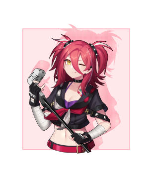 1girl ;q absurdres bandaged_arm bandages bandaid belt black_choker black_gloves black_shirt bra breasts chinese_commentary choker commentary_request fingerless_gloves gloves hair_between_eyes highres holding holding_microphone hololive hololive_china microphone navel neckerchief one_eye_closed purple_bra red_belt red_hair red_neckerchief shirt solo tongue tongue_out two_side_up underwear virtual_youtuber white_hair white_neckerchief yellow_eyes yogiri_(hololive) z-jun.dd-zhong