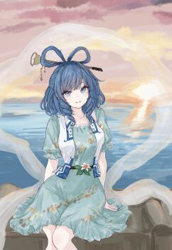 Rule 34 | 1girl, absurdres, aqua dress, blue eyes, blue hair, blush, chisel, commentary request, dress, drill hair, drill sidelocks, flower, hair ornament, hair rings, hair stick, highres, horizon, kaku seiga, kashiwada kiiho, looking at viewer, medium hair, ocean, open mouth, outdoors, shawl, short hair, short sleeves, sidelocks, sitting, sky, solo, sunset, touhou, vest, white vest