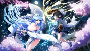 2girls architecture aura bare_shoulders black_hair blue_hair bob_cut bow breasts cherry_blossoms cleavage collarbone colored_inner_hair cosplay crosshair_pupils cryokinesis dolphin_wave east_asian_architecture eines_(dolphin_wave) fighting frown full_moon game_cg gauntlets green_eyes hair_bow highres japanese_clothes kimono large_breasts long_hair low_neckline moon multicolored_hair multiple_girls nayuki_hiori night night_sky no_panties non-web_source official_art ootomo_takuji open_clothes open_kimono red_eyes senran_kagura senran_kagura_new_link sky striped_bow very_long_hair white_bow white_kimono yozakura_(senran_kagura) yozakura_(senran_kagura)_(cosplay) yumi_(senran_kagura) yumi_(senran_kagura)_(cosplay)