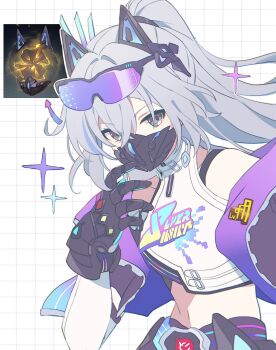 1girl animal_ears belt cat_ears clothes_writing commentary crop_top eyewear_on_head fake_animal_ears game_screenshot_inset gradient-tinted_eyewear grey_eyes grey_hair grid_background hair_between_eyes highres honkai:_star_rail honkai_(series) infinity_gauntlet jacket ki_ii37 lapel_pin long_hair mask midriff mouth_mask off_shoulder open_clothes open_jacket screenshot_inset silver_wolf_(honkai:_star_rail) silver_wolf_(lv.999)_(honkai:_star_rail) sleeveless sleeveless_turtleneck sparkle tinted_eyewear turtleneck untranslatable_commentary